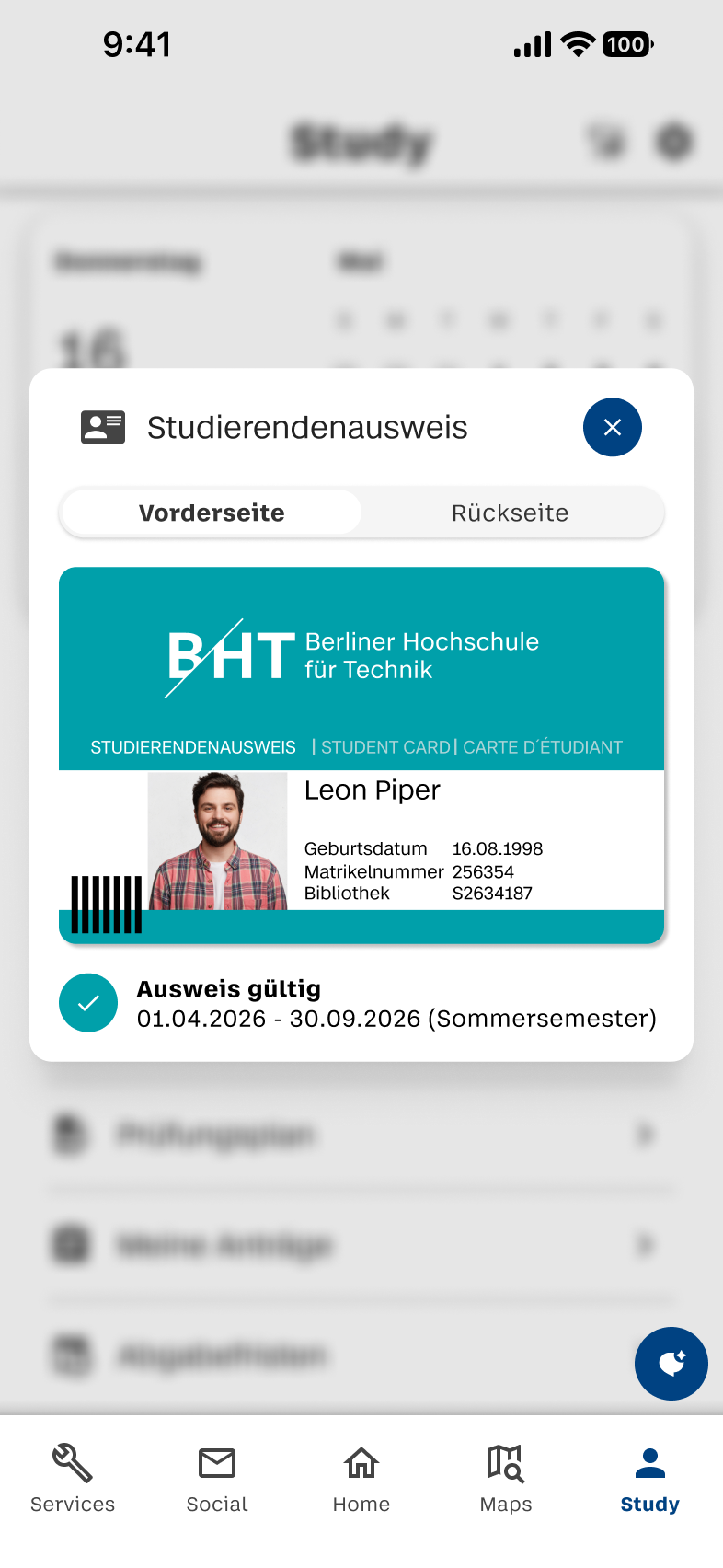 Study-Screen mit digitalem Studierendenausweis.